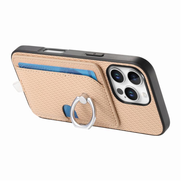 For iPhone 15 Carbon Fiber Ring Side Insert Card Bag MagSafe Phone Case