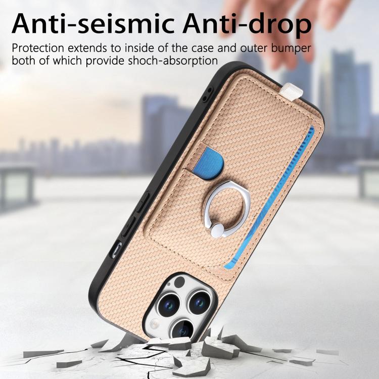 For iPhone 15 Carbon Fiber Ring Side Insert Card Bag MagSafe Phone Case