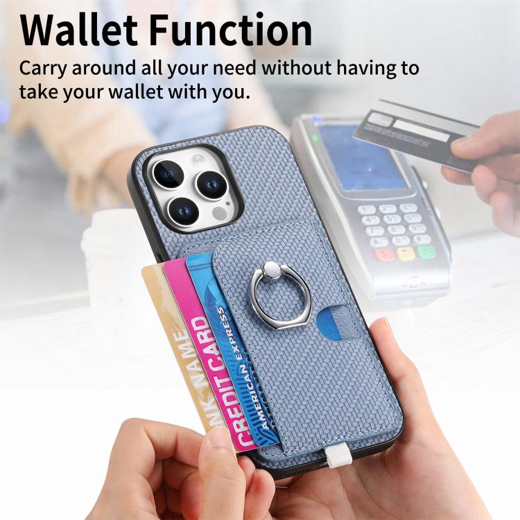 For iPhone 14 Carbon Fiber Ring Side Insert Card Bag MagSafe Phone Case