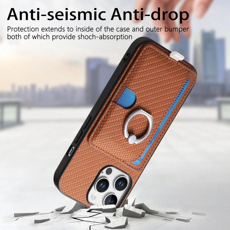 For iPhone 14 Carbon Fiber Ring Side Insert Card Bag MagSafe Phone Case