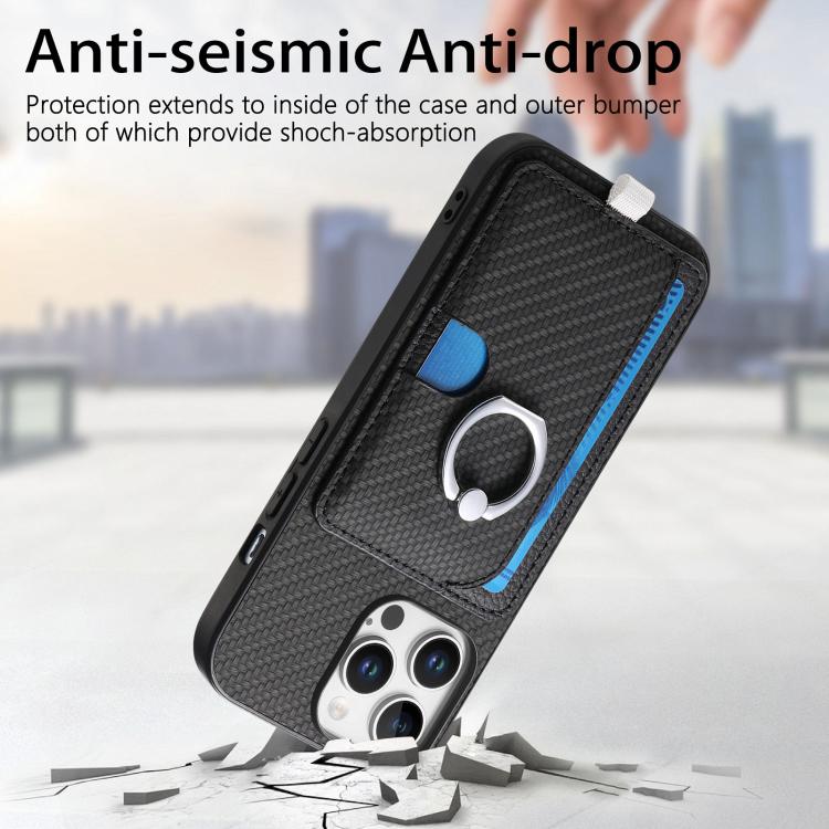 For iPhone 14 Pro Max Carbon Fiber Ring Side Insert Card Bag MagSafe Phone Case