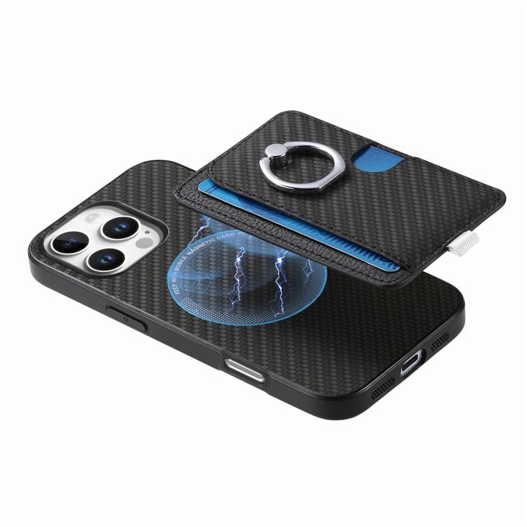 For iPhone 12 Carbon Fiber Ring Side Insert Card Bag MagSafe Phone Case