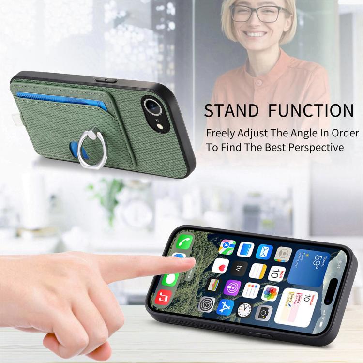 For iPhone 7 / 8 / SE 2022 Carbon Fiber Ring Side Insert Card Bag MagSafe Phone Case