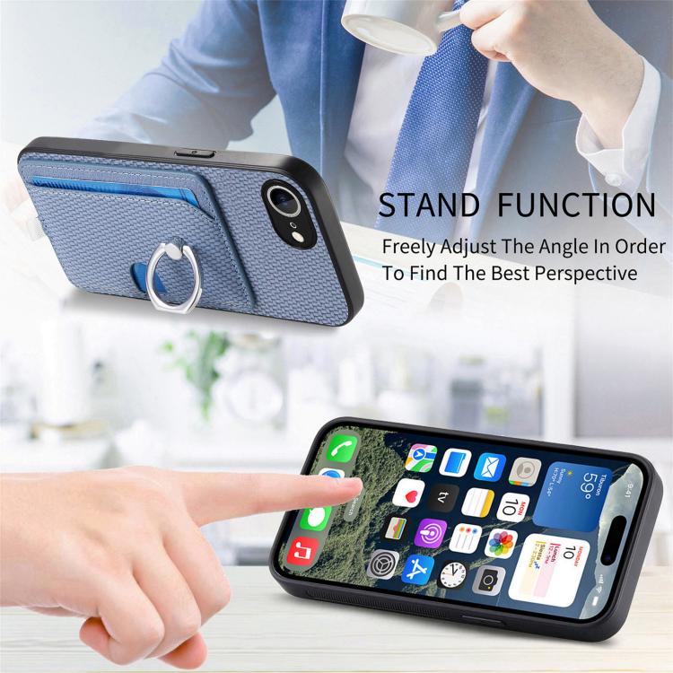 For iPhone 16e Carbon Fiber Ring Side Insert Card Bag MagSafe Phone Case