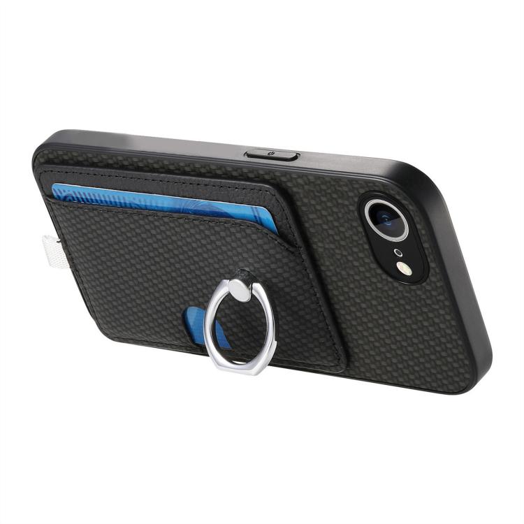 For iPhone 16e Carbon Fiber Ring Side Insert Card Bag MagSafe Phone Case