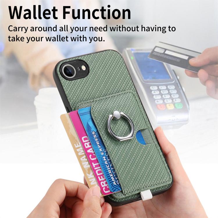 For iPhone 16e Carbon Fiber Ring Side Insert Card Bag MagSafe Phone Case