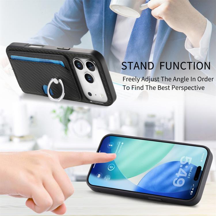 For iPhone 17 Pro Max Carbon Fiber Ring Side Insert Card Bag MagSafe Phone Case