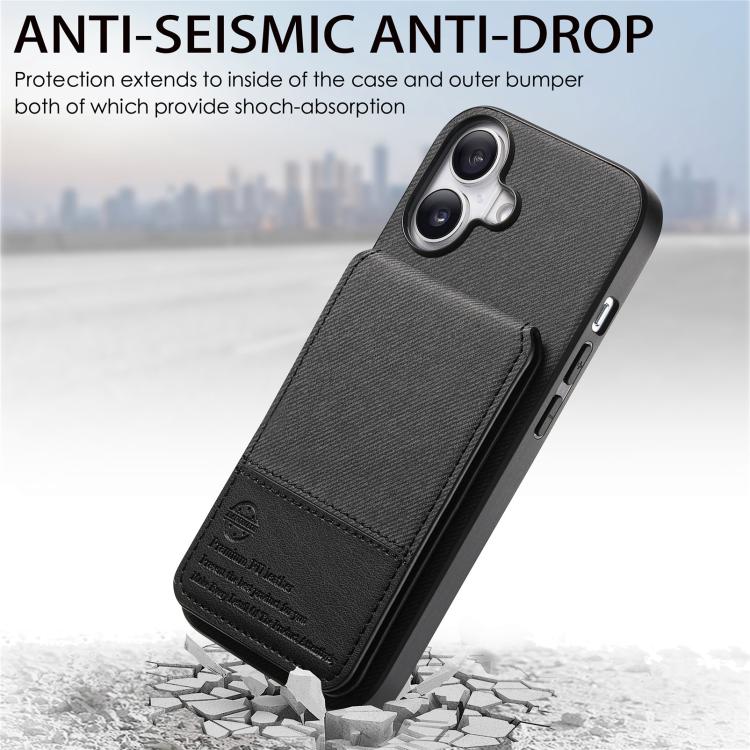 For iPhone 16 Plus Twill Fabric Leather Vertical Flip RFID Card Bag Phone Case