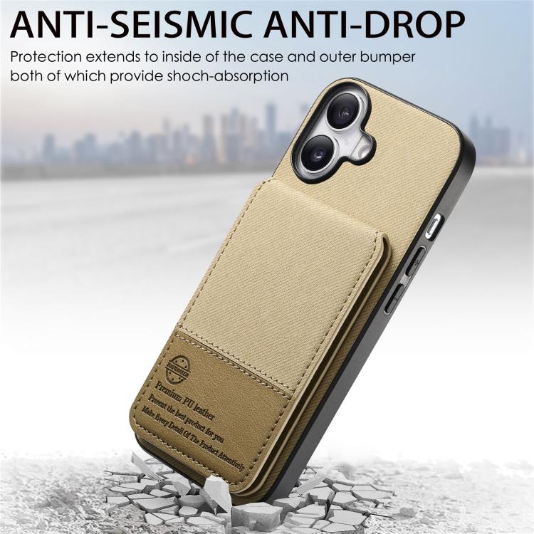 For iPhone 16 Plus Twill Fabric Leather Vertical Flip RFID Card Bag Phone Case