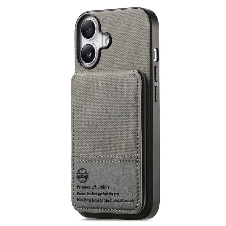 For iPhone 16 Plus Twill Fabric Leather Vertical Flip RFID Card Bag Phone Case
