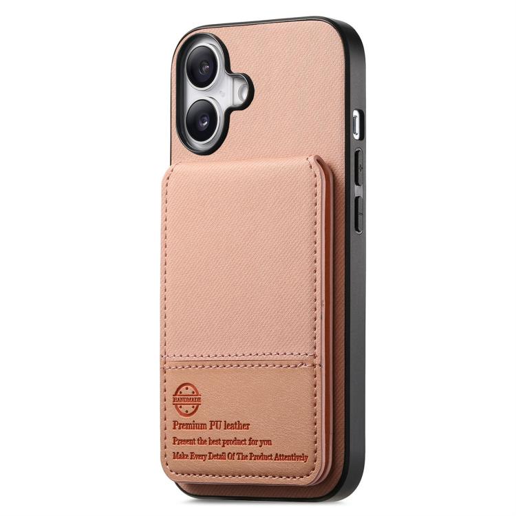 For iPhone 16 Plus Twill Fabric Leather Vertical Flip RFID Card Bag Phone Case