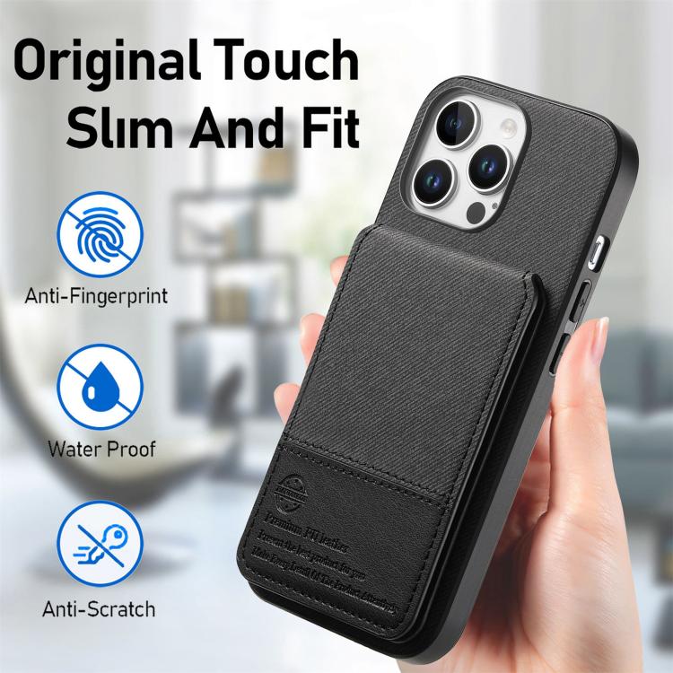 For iPhone 15 Pro Twill Fabric Leather Vertical Flip RFID Card Bag Phone Case