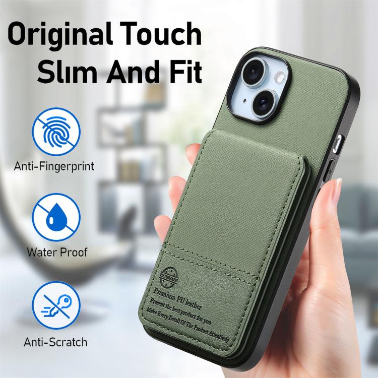For iPhone 15 Plus Twill Fabric Leather Vertical Flip RFID Card Bag Phone Case