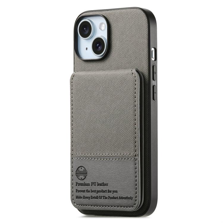 For iPhone 15 Plus Twill Fabric Leather Vertical Flip RFID Card Bag Phone Case