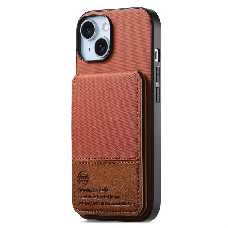 For iPhone 15 Plus Twill Fabric Leather Vertical Flip RFID Card Bag Phone Case