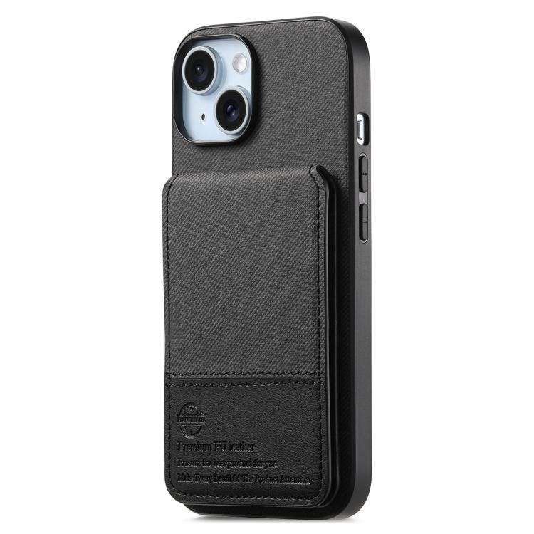 For iPhone 15 Twill Fabric Leather Vertical Flip RFID Card Bag Phone Case