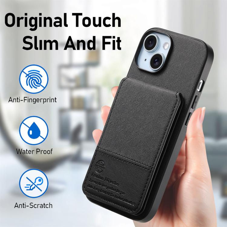 For iPhone 15 Twill Fabric Leather Vertical Flip RFID Card Bag Phone Case