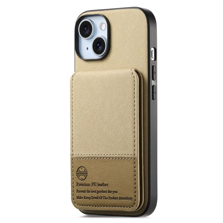 For iPhone 15 Twill Fabric Leather Vertical Flip RFID Card Bag Phone Case