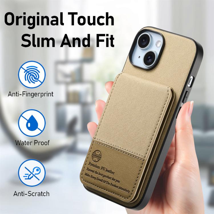 For iPhone 15 Twill Fabric Leather Vertical Flip RFID Card Bag Phone Case