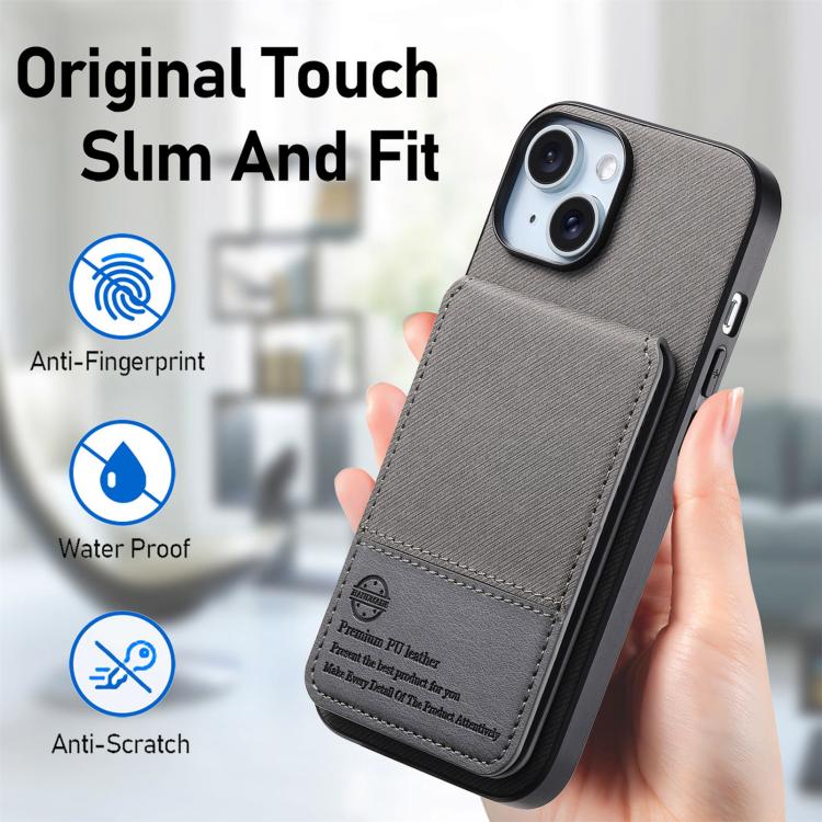 For iPhone 15 Twill Fabric Leather Vertical Flip RFID Card Bag Phone Case