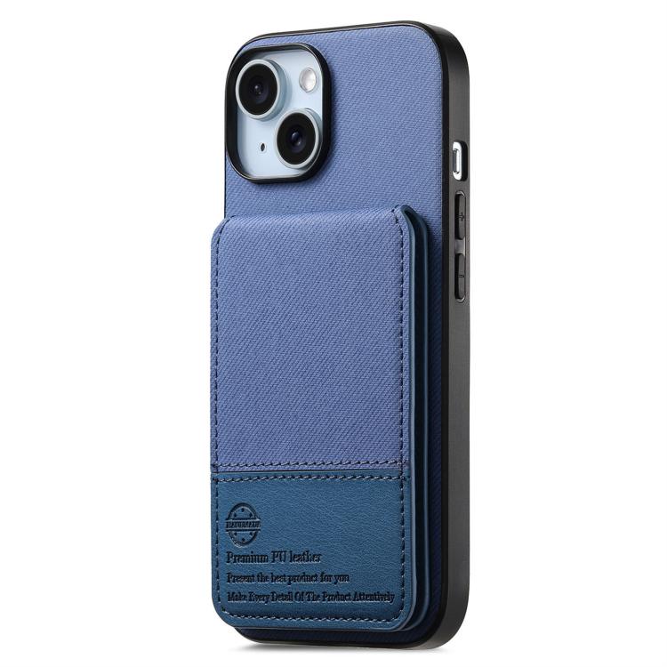 For iPhone 14 Plus Twill Fabric Leather Vertical Flip RFID Card Bag Phone Case