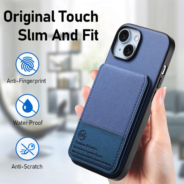 For iPhone 14 Plus Twill Fabric Leather Vertical Flip RFID Card Bag Phone Case