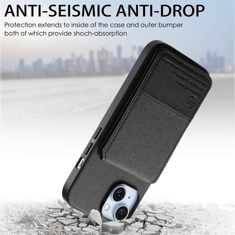 For iPhone 14 Twill Fabric Leather Vertical Flip RFID Card Bag Phone Case