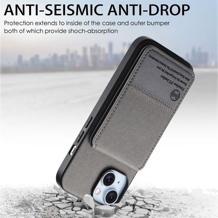 For iPhone 14 Twill Fabric Leather Vertical Flip RFID Card Bag Phone Case