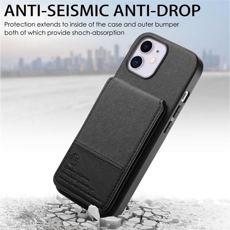 For iPhone 12 Twill Fabric Leather Vertical Flip RFID Card Bag Phone Case