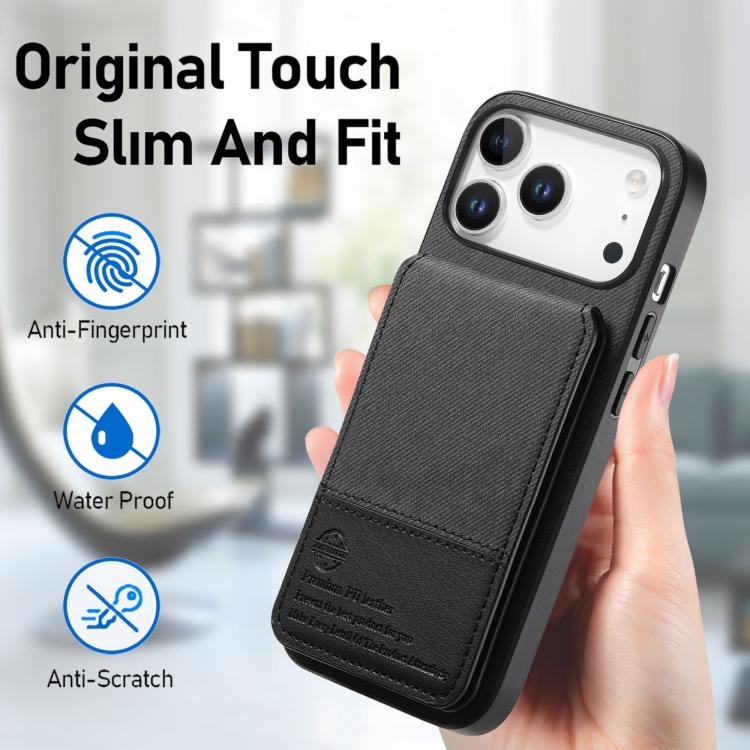 For iPhone 17 Pro Twill Fabric Leather Vertical Flip RFID Card Bag Phone Case