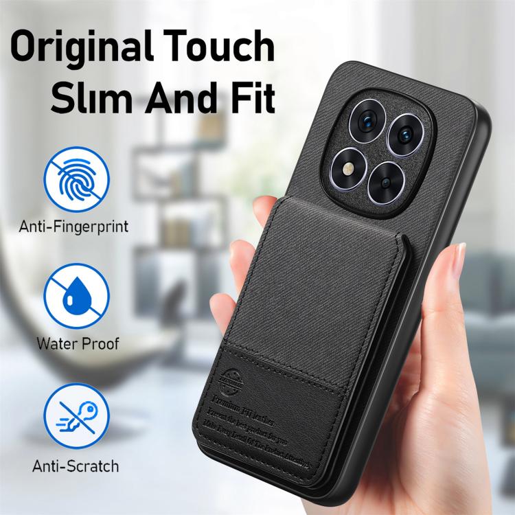 For Redmi Note 14 Pro 5G Twill Fabric Leather Vertical Flip RFID Card Bag Phone Case