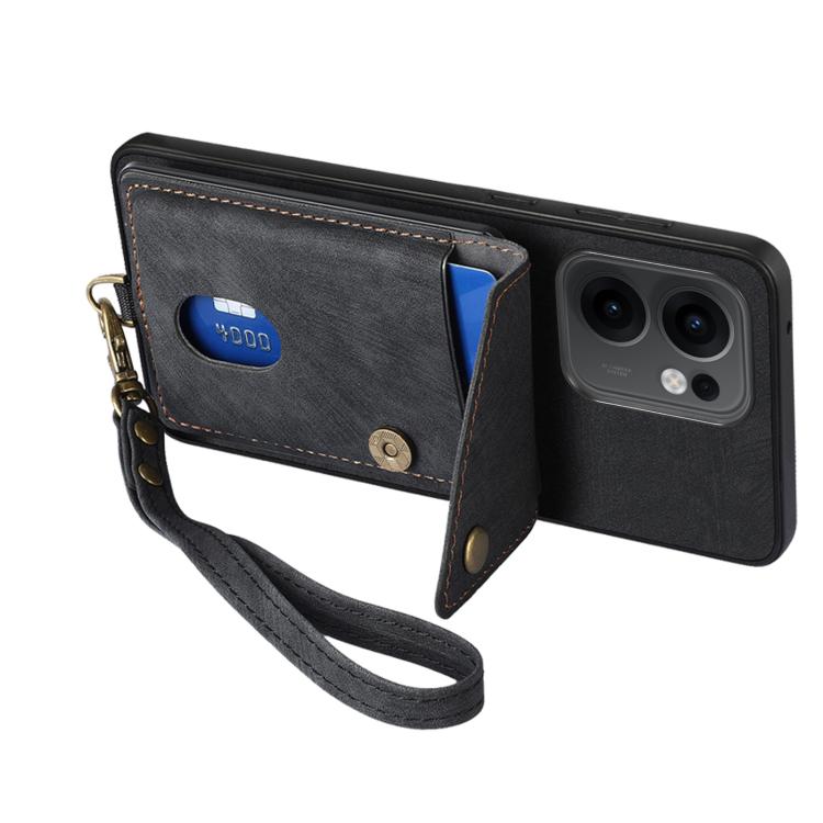 For OPPO Reno13 F Retro Card Wallet Fold Leather Phone Case with Strap