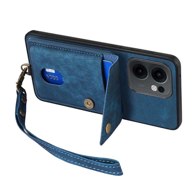 For OPPO Reno13 F Retro Card Wallet Fold Leather Phone Case with Strap