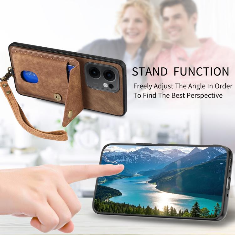 For OPPO Reno13 F Retro Card Wallet Fold Leather Phone Case with Strap