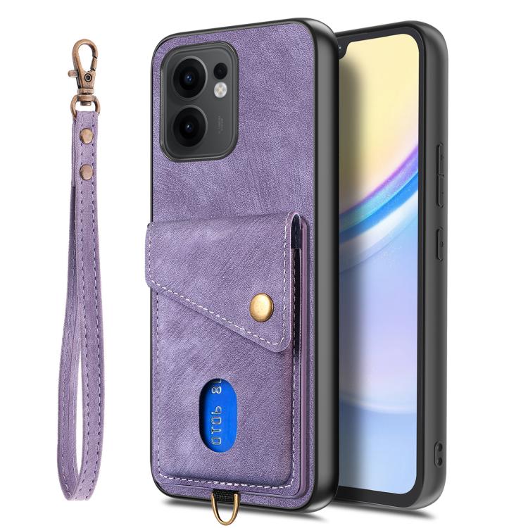 For OPPO Reno13 F Retro Card Wallet Fold Leather Phone Case with Strap