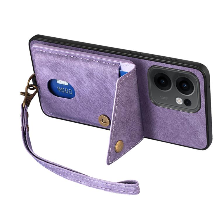 For OPPO Reno13 F Retro Card Wallet Fold Leather Phone Case with Strap