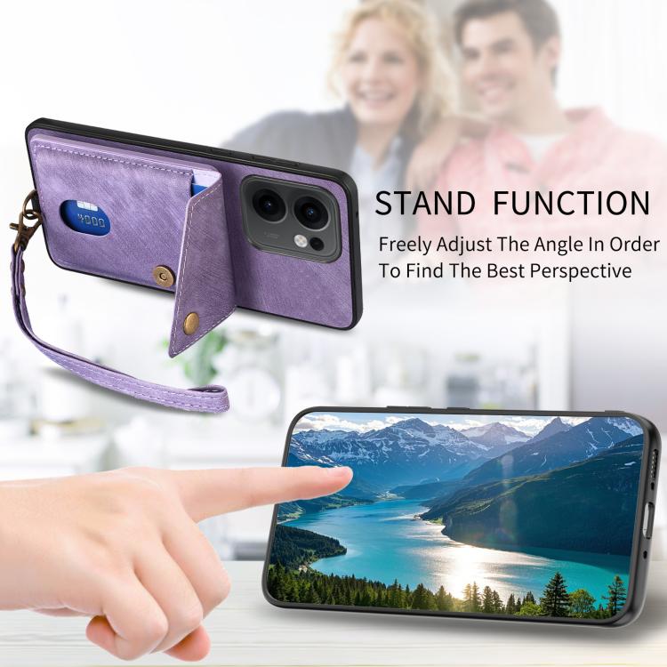 For OPPO Reno13 F Retro Card Wallet Fold Leather Phone Case with Strap