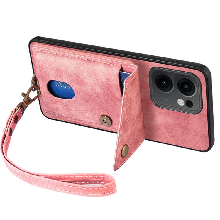 For OPPO Reno13 F Retro Card Wallet Fold Leather Phone Case with Strap