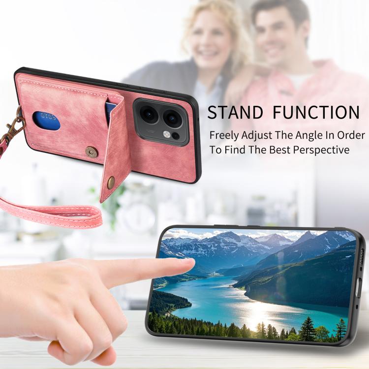 For OPPO Reno13 F Retro Card Wallet Fold Leather Phone Case with Strap