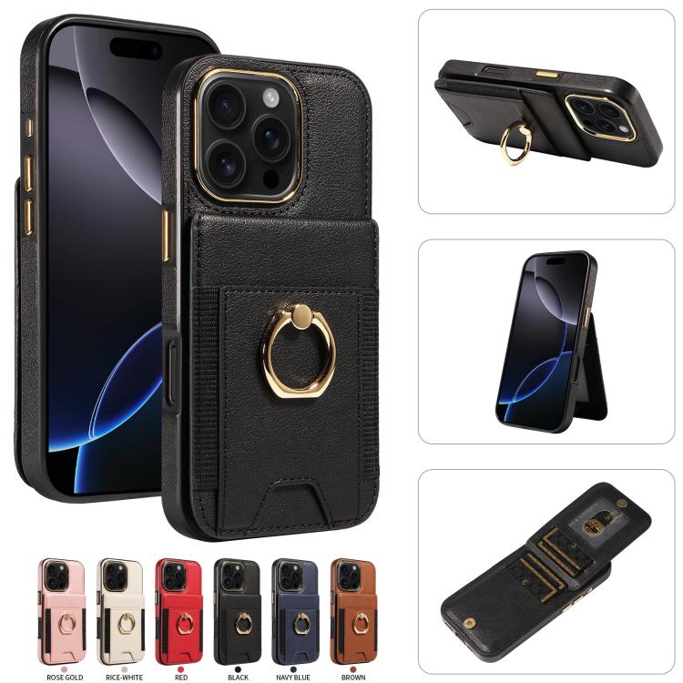 For iPhone 16 Pro Ring Multifunctional Vertical Flip Wallet Back Cover Leather Phone Case