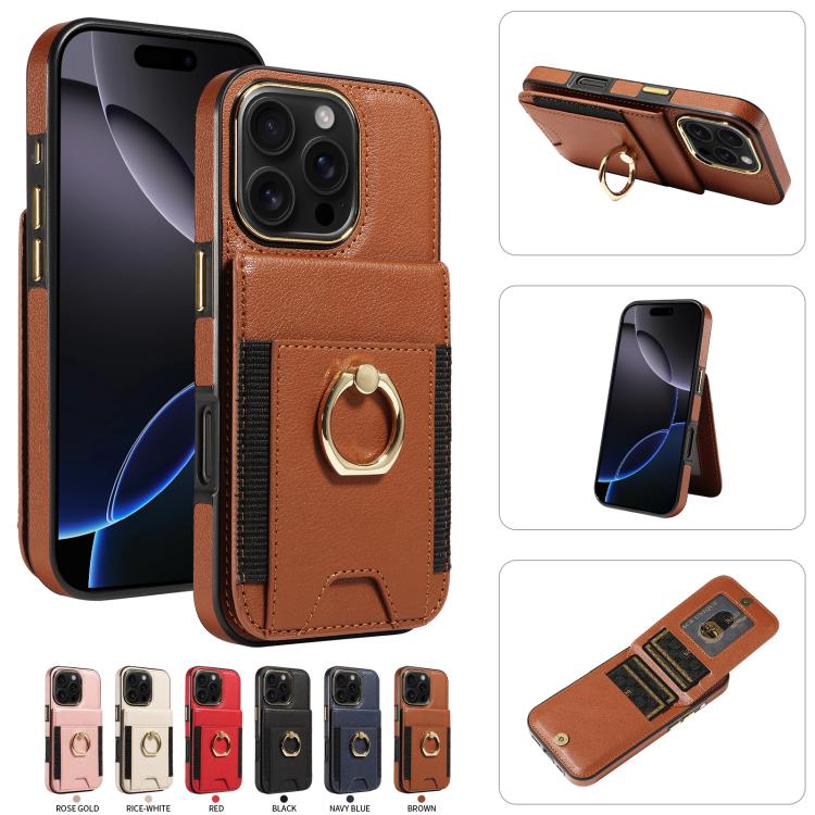 For iPhone 16 Pro Ring Multifunctional Vertical Flip Wallet Back Cover Leather Phone Case