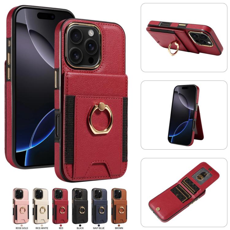 For iPhone 16 Pro Ring Multifunctional Vertical Flip Wallet Back Cover Leather Phone Case