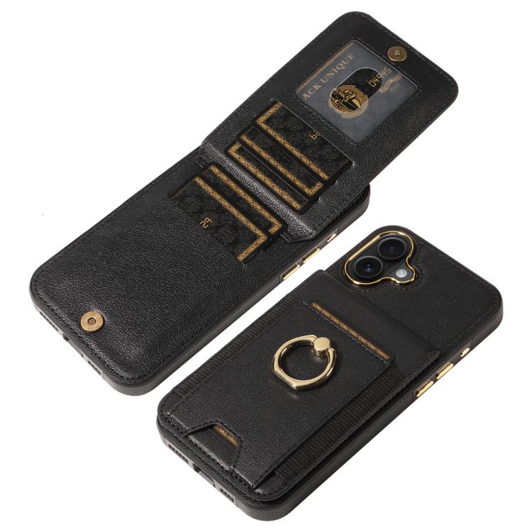For iPhone 16 Plus Ring Multifunctional Vertical Flip Wallet Back Cover Leather Phone Case