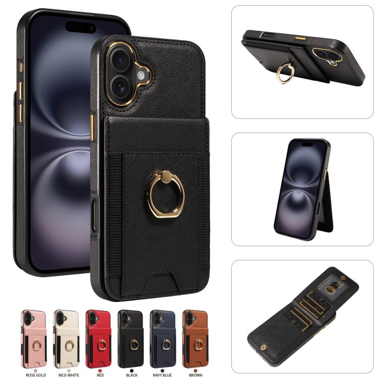 For iPhone 16 Plus Ring Multifunctional Vertical Flip Wallet Back Cover Leather Phone Case