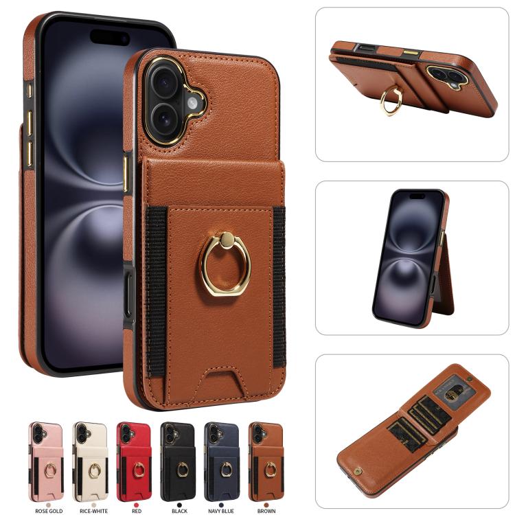For iPhone 16 Plus Ring Multifunctional Vertical Flip Wallet Back Cover Leather Phone Case