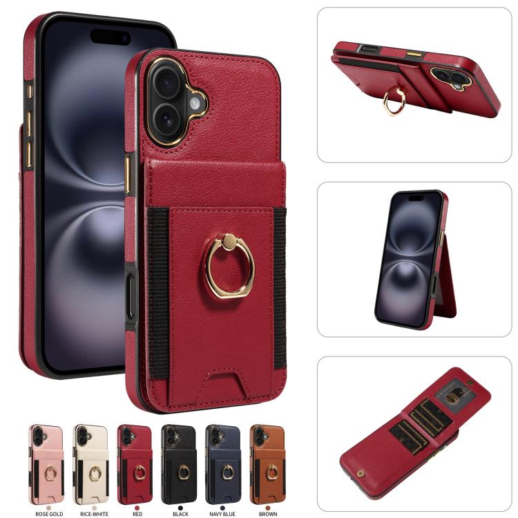 For iPhone 16 Plus Ring Multifunctional Vertical Flip Wallet Back Cover Leather Phone Case