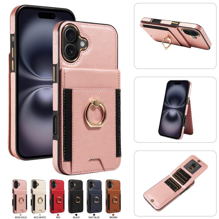 For iPhone 16 Plus Ring Multifunctional Vertical Flip Wallet Back Cover Leather Phone Case
