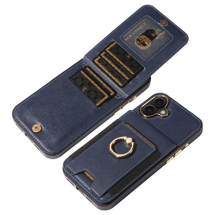 For iPhone 16 Plus Ring Multifunctional Vertical Flip Wallet Back Cover Leather Phone Case