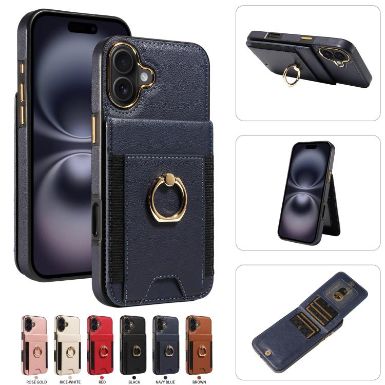 For iPhone 16 Plus Ring Multifunctional Vertical Flip Wallet Back Cover Leather Phone Case
