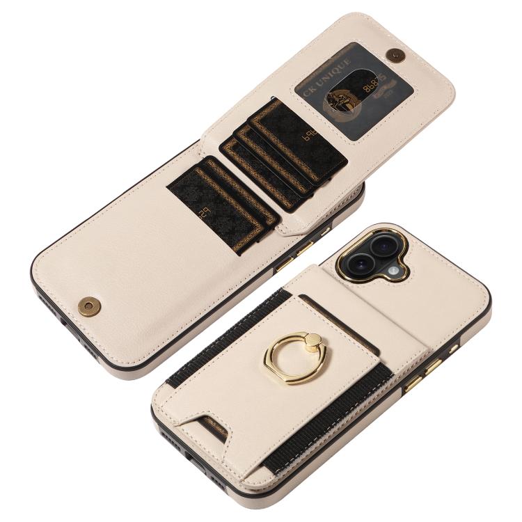 For iPhone 16 Plus Ring Multifunctional Vertical Flip Wallet Back Cover Leather Phone Case